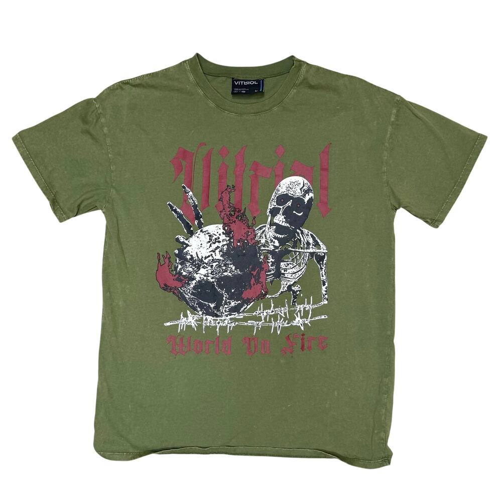 Vitriol Graphic T-Shirt Unisex Size S Skull World on Fire Pullover Shirt